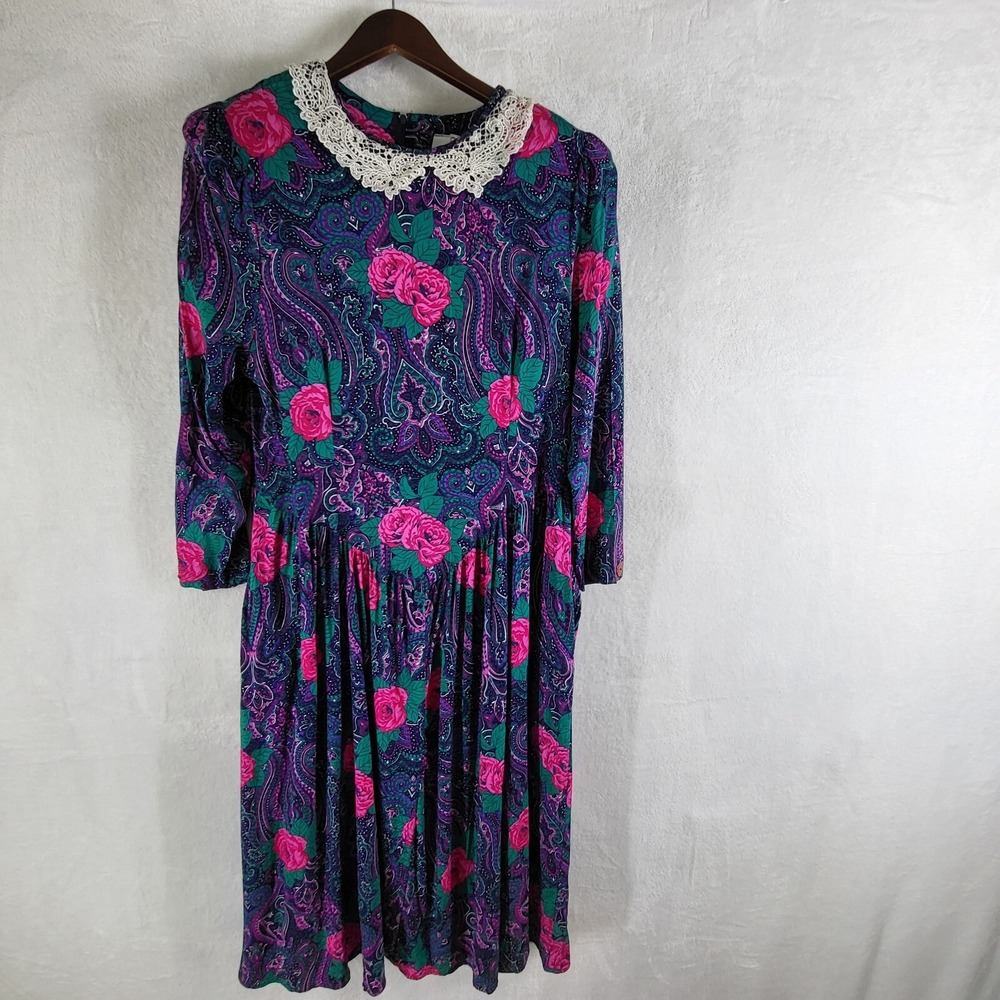 Vtg Adrian Jordan Dress Size M Dark Floral Zip Botanical Flower Cottagecore‎ USA